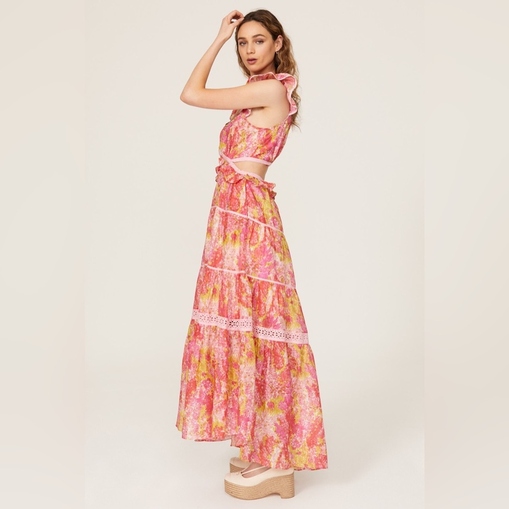 LoveShackFancy Madsen Floral Cutout Maxi Dress Pink Orange Tiered Cotton Silk L - Picture 3 of 12